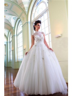 Princess Ball Gown High Neck Tulle Illusion Wedding Dress With Beading Buttons
