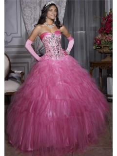 Princess Ball Gown Pink Tulle Crystal Quinceanera Dress With Corset