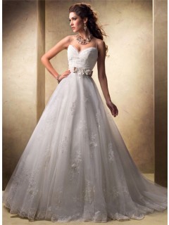 Princess Ball Gown Sweetheart Spaghetti Strap Tulle Lace Wedding Dress With Belt