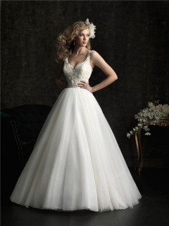 Princess Ball Gown V Neck Tulle Lace Wedding Dress With Straps Belt