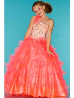 Princess One Shoulder Neon Coral Tulle Ruffle Beaded Sequin Flower Girl Pageant Dress