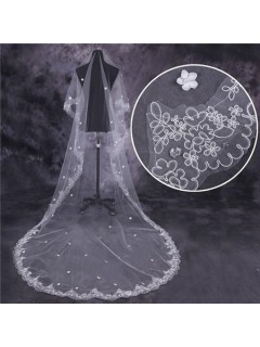 Princess One Tier Tulle Lace Long Cathedral Wedding Bridal Veil Crystals Flowers