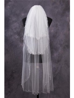 Princess Tiers Tulle Pearls Beaded Waltz Length Wedding Bridal Veil
