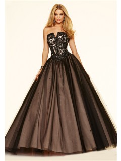 Puffy Ball Gown Strapless Corset Black Tulle Lace Beaded Prom Dress