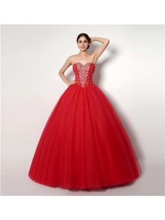 Puffy Ball Gown Strapless Red Tulle Beaded Prom Dress Corset Back