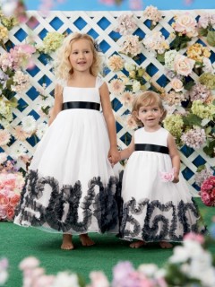 Puffy Empire White Organza Black Ruffle Sash Wedding Little Flower Girl Dress