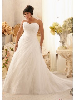 Romantic A Line Sweetheart Lace Tulle Beaded Plus Size Wedding Dress With Pearls