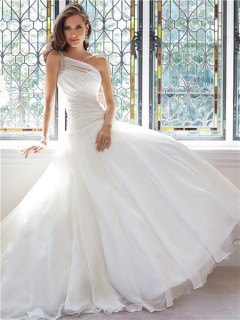Romantic Ball Gown One Shoulder Organza Draped Wedding Dress Crystal Beaded Strap