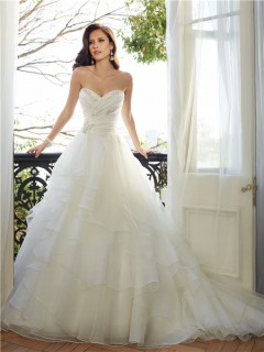 Romantic Ball Gown Strapless Sweetheart Neckline Layered Organza Ruffle Corset Wedding Dress