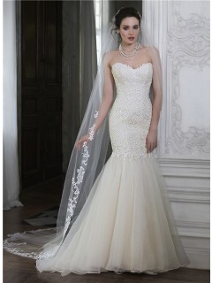 Romantic Mermaid Sweetheart Low Back Organza Lace Wedding Dress With Buttons