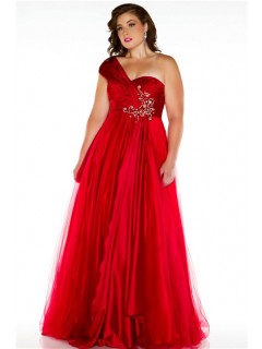 Royal A Line One Shoulder Long Red Silk Tulle Plus Size Party Prom Dress