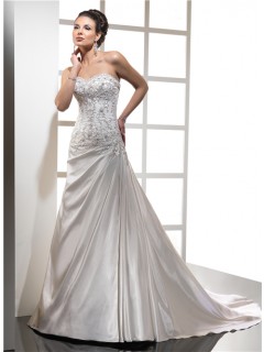 Royal A Line Sweetheart Satin Wedding Dress With Beading Crystals Court Train