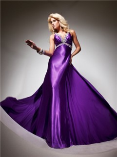 Royal Queen V Neck Backless Long Purple Silk Beading Prom Dress With Train