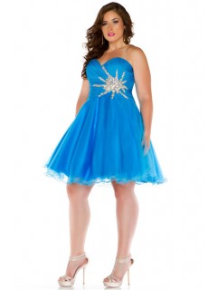 Sexy A Line Sweetheart Short Blue Tulle Beaded Plus Size Party Prom Dress