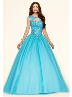Sexy Ball Gown Cut Out Open Back Blue Tulle Beaded Corset Prom Dress