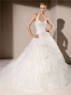 Sexy Ball Gown Halter Sweetheart Neckline Low Back Tiered Tulle Ruffle Wedding Dress Chapel Train