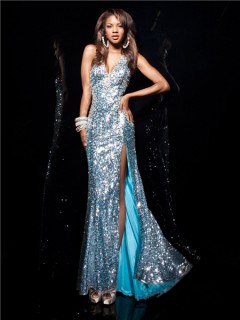 Sexy Halter V Neck Long Blue Sequined Prom Dress With Beaded Rhinestone Silt