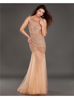 Sexy Mermaid Bateau Neck Cut Out Backless Champagne Tulle Beaded Prom Dress