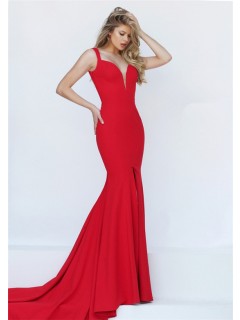 Sexy Mermaid Deep V Neck Backless High Slit Red Satin Prom Dress With Straps