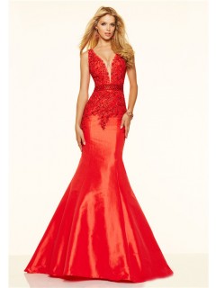 Sexy Mermaid Deep V Neck Low Back Red Taffeta Lace Beaded Prom Dress
