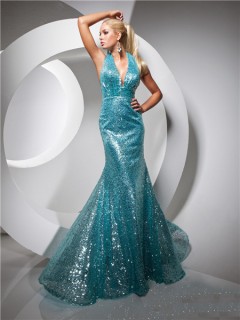 Sexy Mermaid Halter Long Blue Sequined Evening Prom Dress Open Back