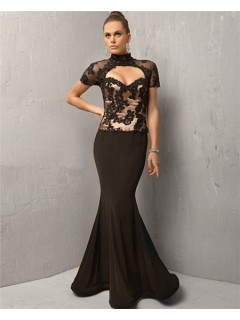 Sexy Mermaid Long Black Chiffon Lace Cut Out Evening Dress With Sleeve