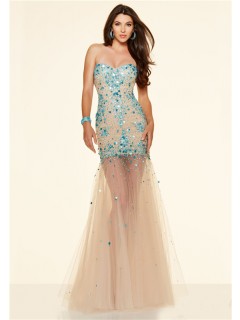 Sexy Mermaid Strapless Champagne Tulle Blue Sparkle Beaded Prom Dress