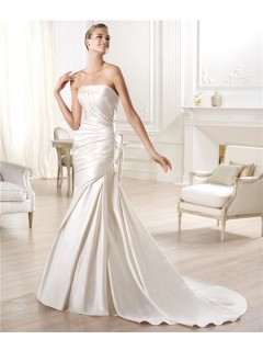 Sexy Mermaid Strapless Off The Shoulder Low Back Satin Ruched Wedding Dress