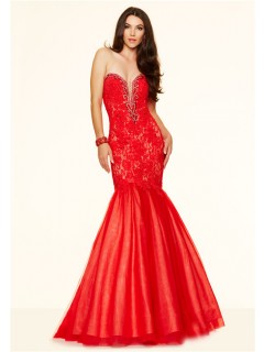 Sexy Mermaid Sweetheart Plunging Neckline Red Tulle Lace Corset Prom Dress