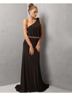 Sexy One Shoulder Floor Length Black Chiffon Beaded Evening Wear Dress