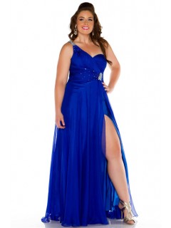 Sexy One Shoulder Long Royal Blue Chiffon Beaded Plus Size Party Prom Dress With Slit