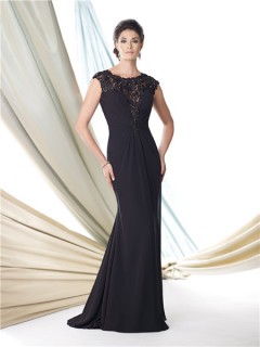 Sheath Cap Sleeve Sheer See Through Black Lace Chiffon Mother Of The Bride Evening Dress