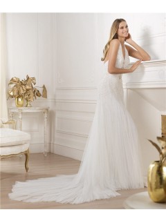 Sexy Sheath Halter Open Back Beaded Sequins Tulle Wedding Dress With Swarovski Crystal