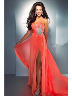 Sexy Sheath Sweetheart Long Coral Chiffon Beaded Evening Prom Dress With Slit