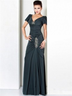 Sexy Sheath V Neck Long Dark Green Ruched Jersey Evening Wear Dress With Sleeve
