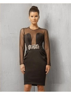 Sexy Sheer Scoop Short Black Tulle Evening Wear Dress With Long Sleeve