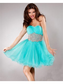 Sexy Short Low Back Aqua Blue Tulle Beaded Sweet Sixteen Cocktail Party Dress