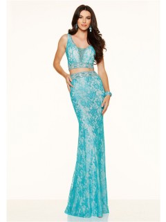 Sexy Slim Cutout Open Back Two Piece Turquoise Lace Evening Prom Dress