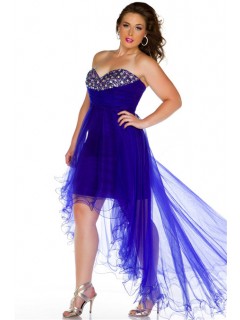 Sexy Sweetheart High Low Royal Blue Tulle Beaded Prom Dress Plus Size