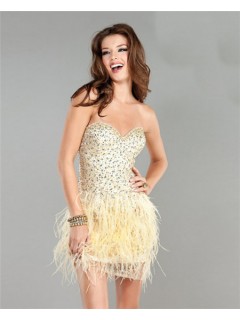 Sexy Sweetheart Short Mini Pale Yellow Beaded Feather Cocktail Party Dress