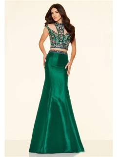 Sexy Two Piece Cut Out Emerald Green Taffeta Colorful Beaded Prom Dress