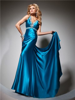 Sexy V Neck Backless Long Blue Silk Beading Glitter Prom Dress With Train