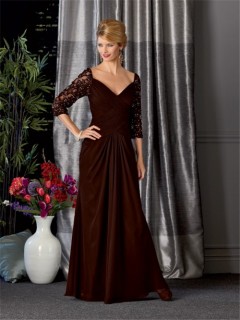 Sexy V neck long brown chiffon vintage mother of the bride dress with sleeves