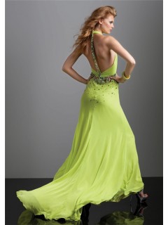 Sexy halter v neck backless long lime green chiffon prom dress with train and beading