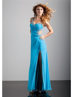 Sexy sheath one strap backless long blue chiffon prom dress with split