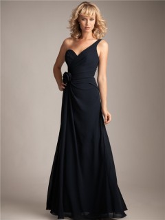 Sheath/Column asymmetrical one shoulder long navy blue chiffon bridesmaid dress
