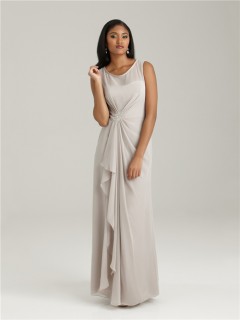 Sheath/Column scoop long light grey chiffon modest bridesmaid dress with ruffles