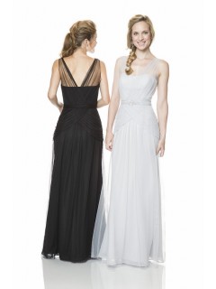 Sheath Long White Chiffon Ruched Occasion Bridesmaid Dress With Sheer Straps Belt