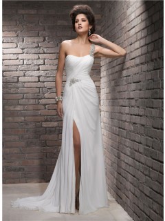 Sheath One Shoulder Swarovski Crystal Chiffon Wedding Dress With Slit Strap