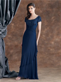 Sheath Scoop Neck Short Sleeve Navy Blue Chiffon Ruched Mother Of The Bride Evening Dress